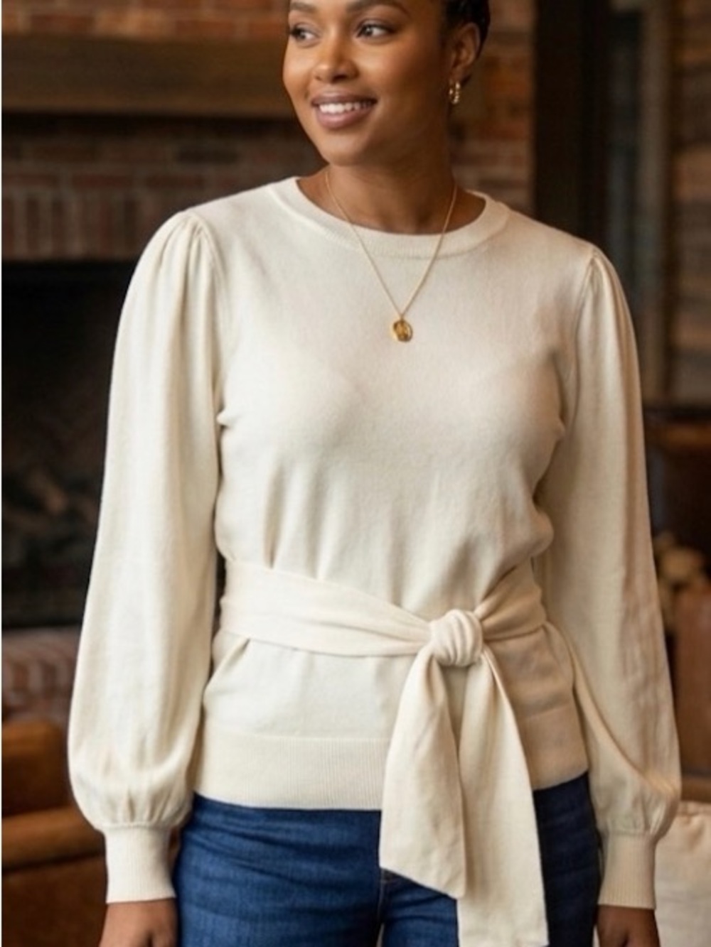 Ralph Lauren Ivory Tie-Waist Puff Sleeve Sweater winter cream xxl new with tags